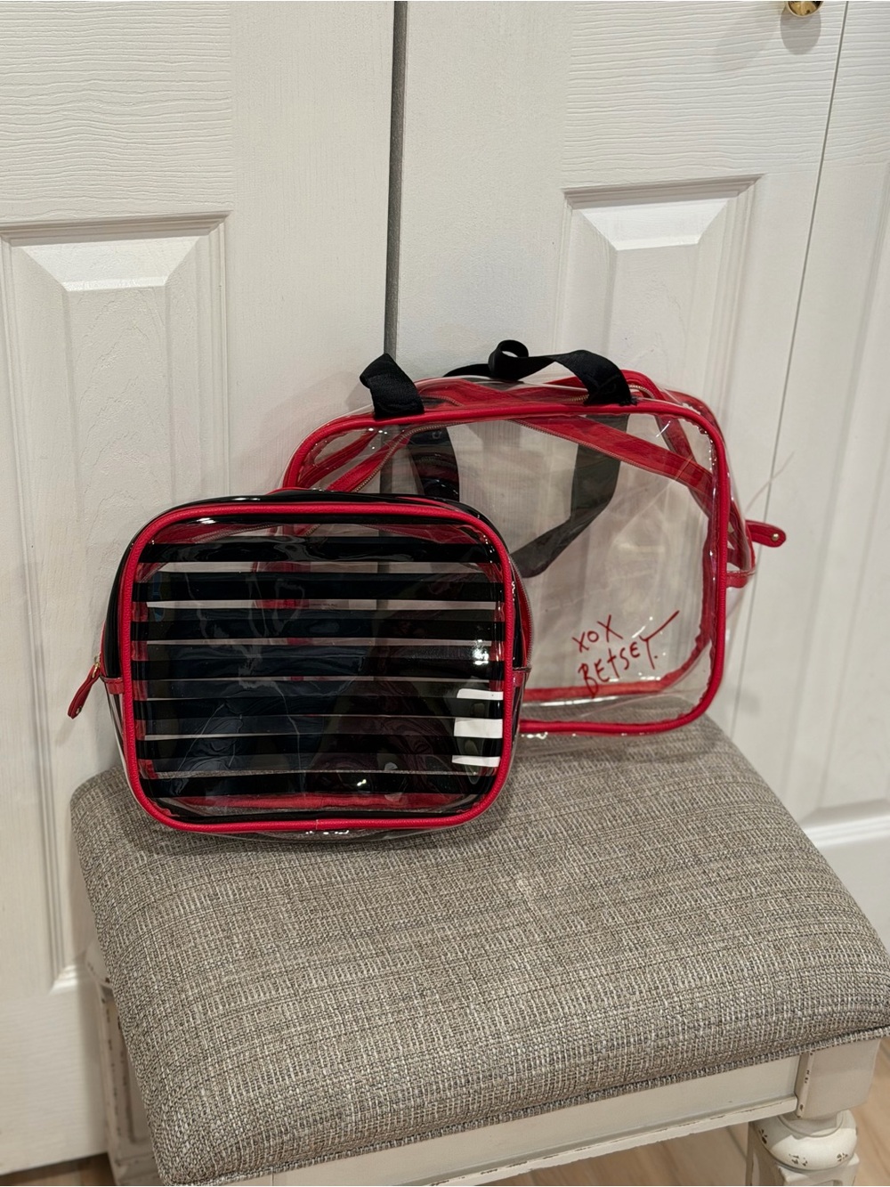 Betsey Johnson Clear and Red Striped Cosmetic Bag Set